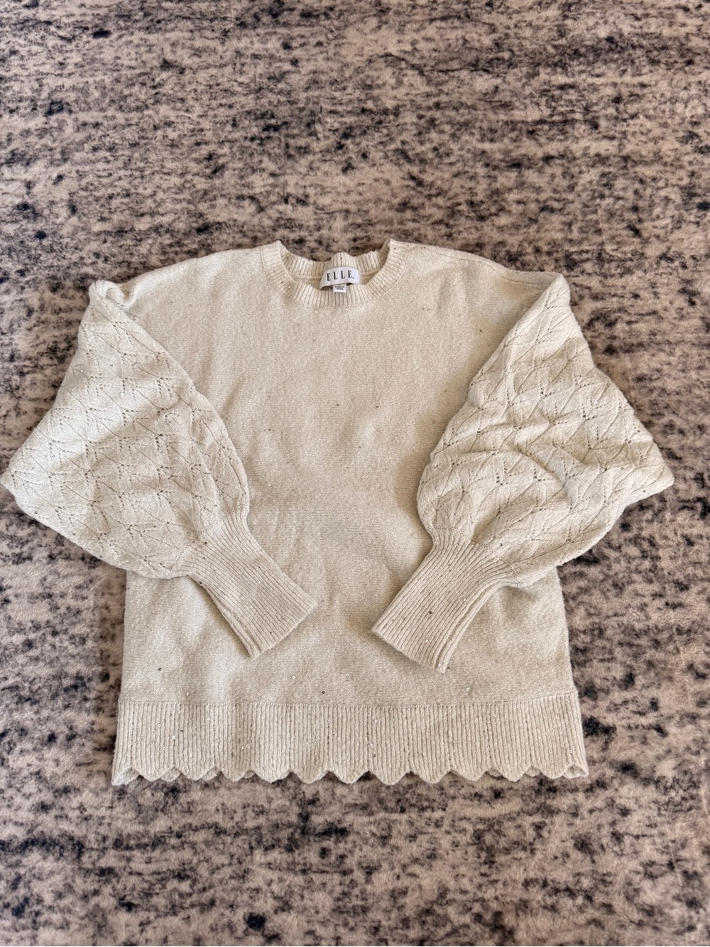 Elle Light Cream Puff-Sleeve Crewneck Sweater